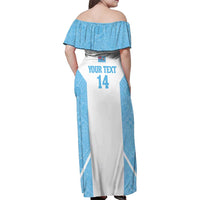 Custom Fiji Tapa Rugby Family Matching Off Shoulder Maxi Dress and Hawaiian Shirt Flying Fijian Blue And White Version