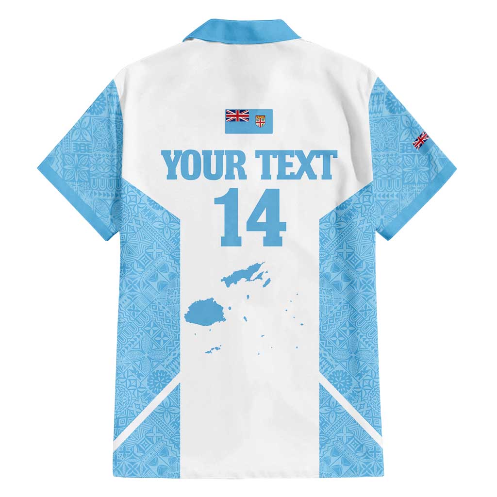Custom Fiji Tapa Rugby Family Matching Off Shoulder Short Dress and Hawaiian Shirt Flying Fijian Blue And White Version