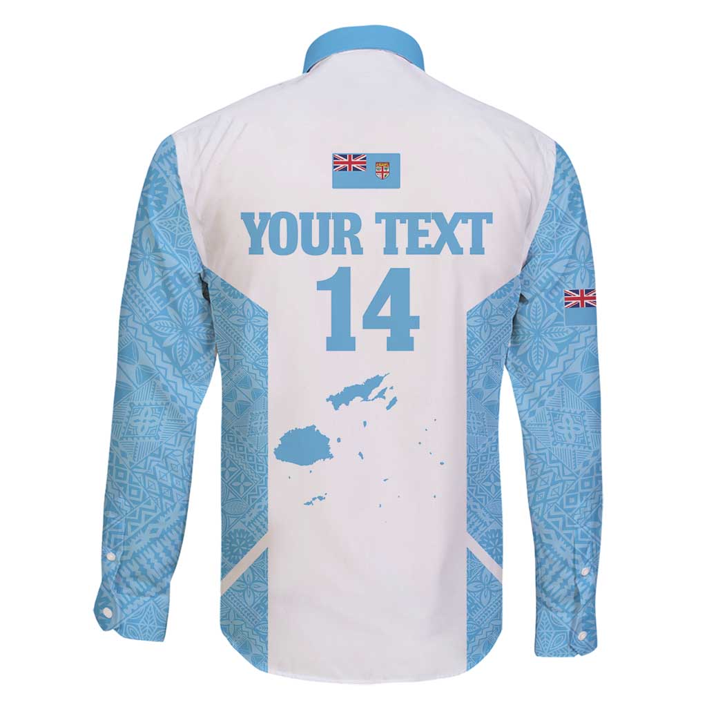 Custom Fiji Tapa Rugby Family Matching Off Shoulder Short Dress and Hawaiian Shirt Flying Fijian Blue And White Version