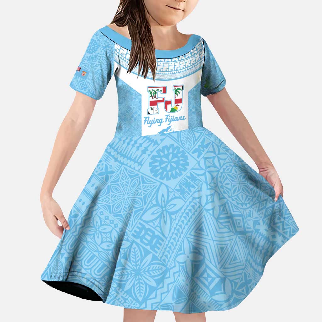 Custom Fiji Tapa Rugby Family Matching Short Sleeve Bodycon Dress and Hawaiian Shirt Flying Fijian Blue And White Version