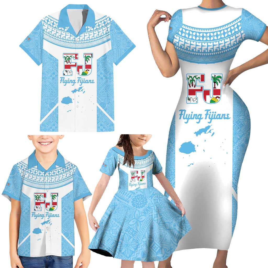 Custom Fiji Tapa Rugby Family Matching Short Sleeve Bodycon Dress and Hawaiian Shirt Flying Fijian Blue And White Version