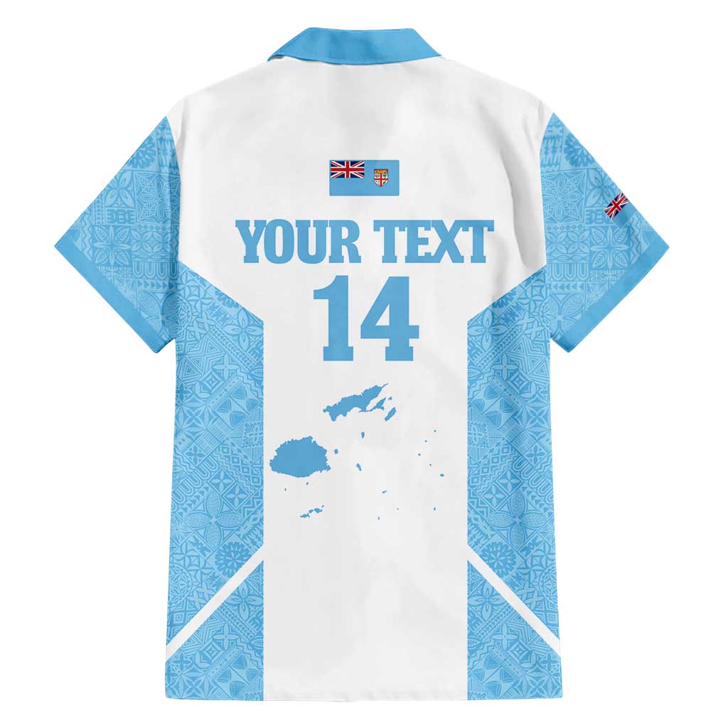 Custom Fiji Tapa Rugby Family Matching Short Sleeve Bodycon Dress and Hawaiian Shirt Flying Fijian Blue And White Version