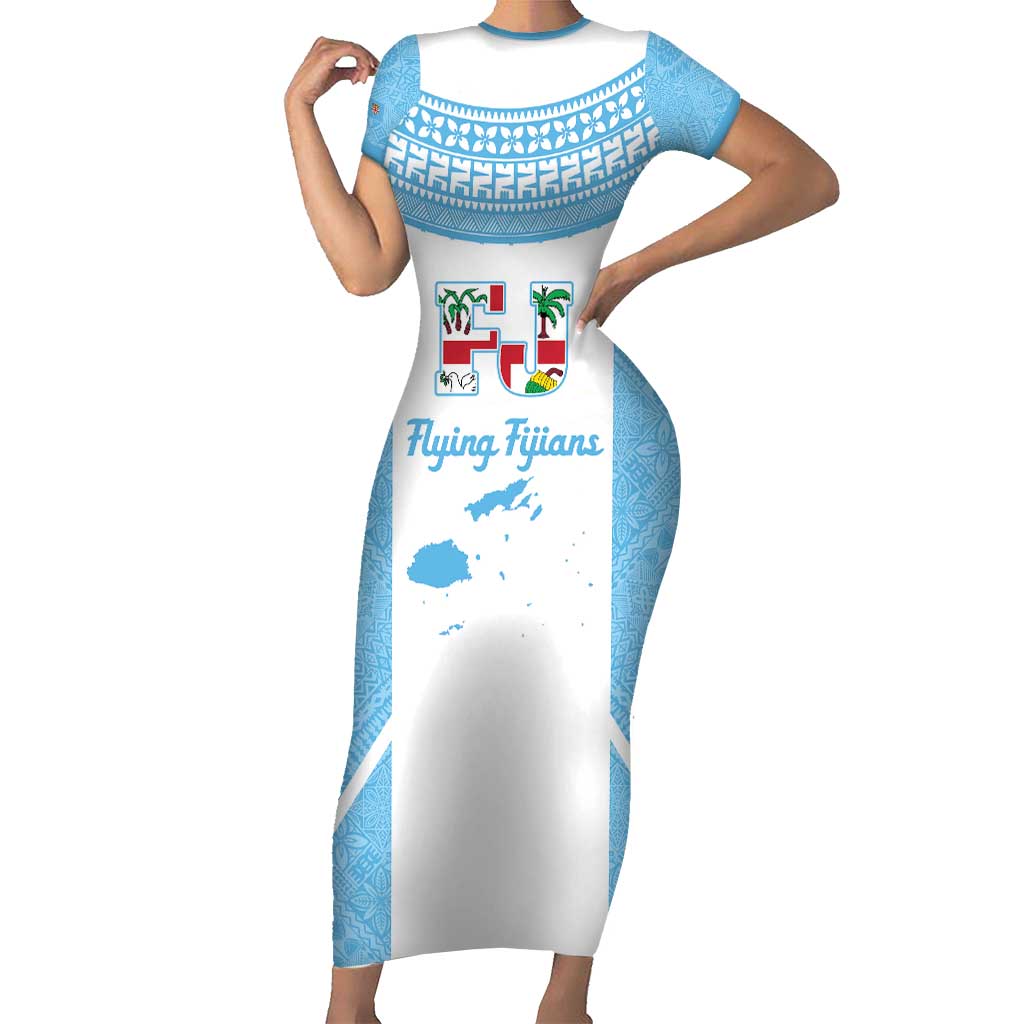 Custom Fiji Tapa Rugby Family Matching Short Sleeve Bodycon Dress and Hawaiian Shirt Flying Fijian Blue And White Version