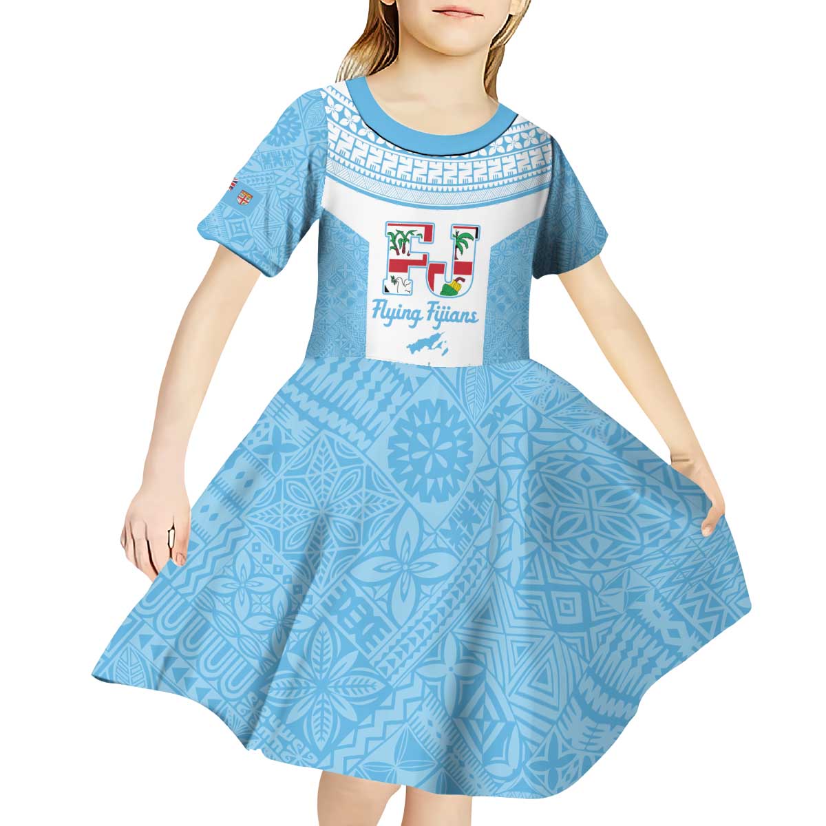 Custom Fiji Tapa Rugby Kid Short Sleeve Dress Flying Fijian Blue And White Version