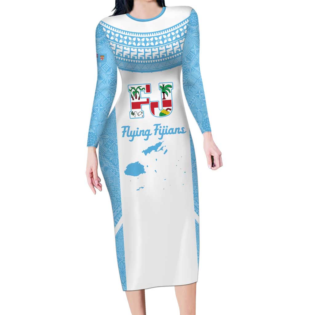 Custom Fiji Tapa Rugby Long Sleeve Bodycon Dress Flying Fijian Blue And White Version