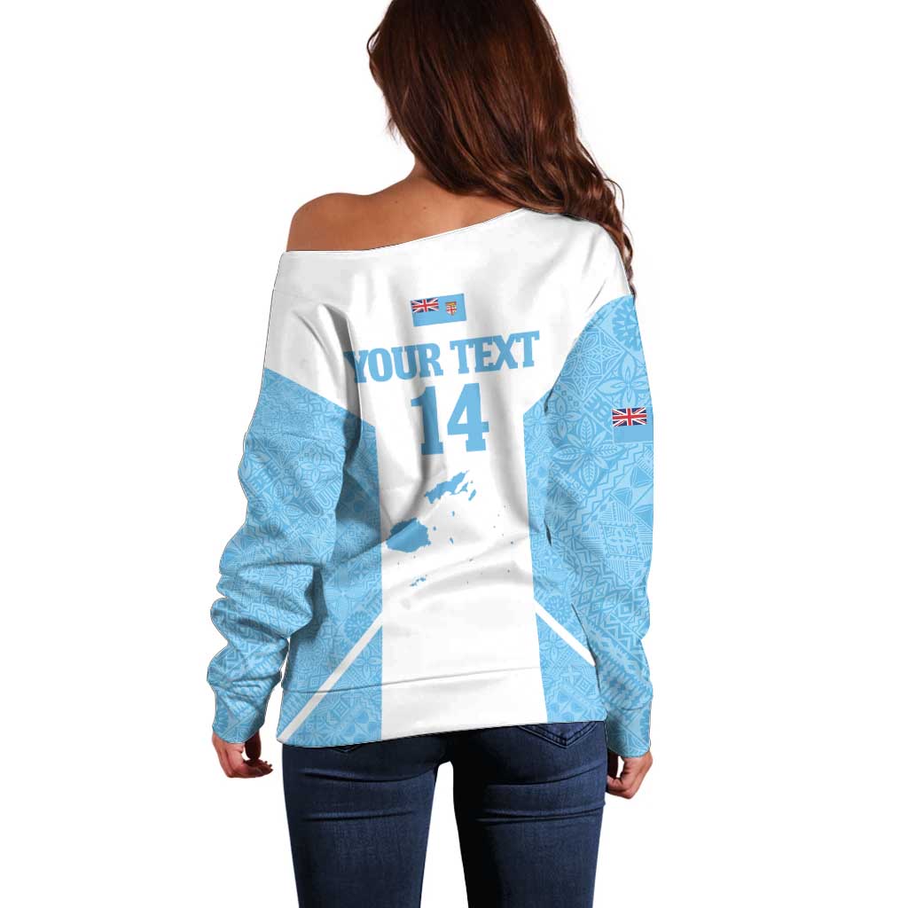 Custom Fiji Tapa Rugby Off Shoulder Sweater Flying Fijian Blue And White Version