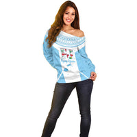 Custom Fiji Tapa Rugby Off Shoulder Sweater Flying Fijian Blue And White Version