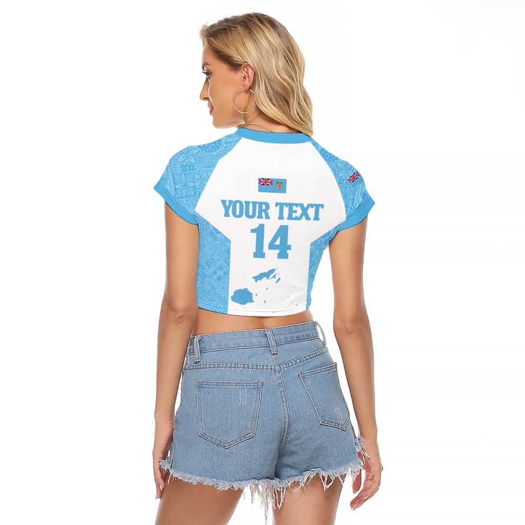 Custom Fiji Tapa Rugby Raglan Cropped T Shirt Flying Fijian Blue And White Version