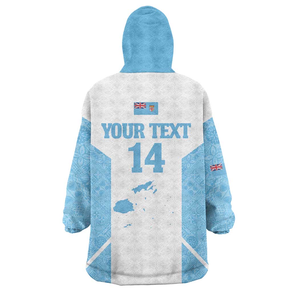 Custom Fiji Tapa Rugby Wearable Blanket Hoodie Flying Fijian Blue And White Version