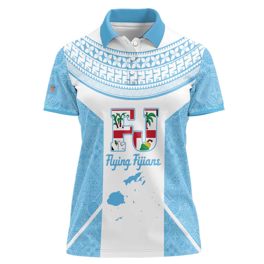 Custom Fiji Tapa Rugby Women Polo Shirt Flying Fijian Blue And White Version