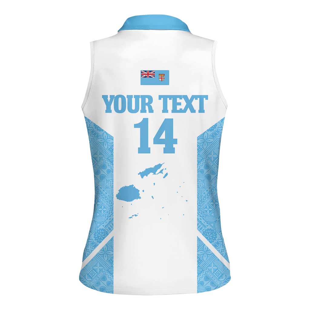 Custom Fiji Tapa Rugby Women Sleeveless Polo Shirt Flying Fijian Blue And White Version