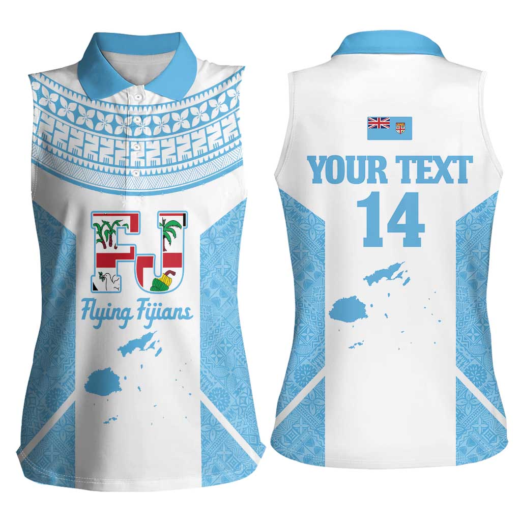 Custom Fiji Tapa Rugby Women Sleeveless Polo Shirt Flying Fijian Blue And White Version