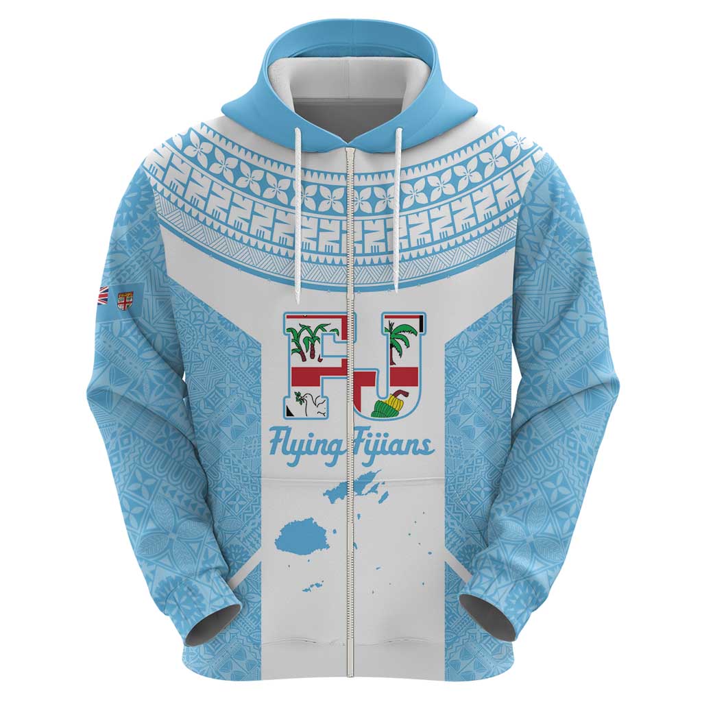 Custom Fiji Tapa Rugby Zip Hoodie Flying Fijian Blue And White Version