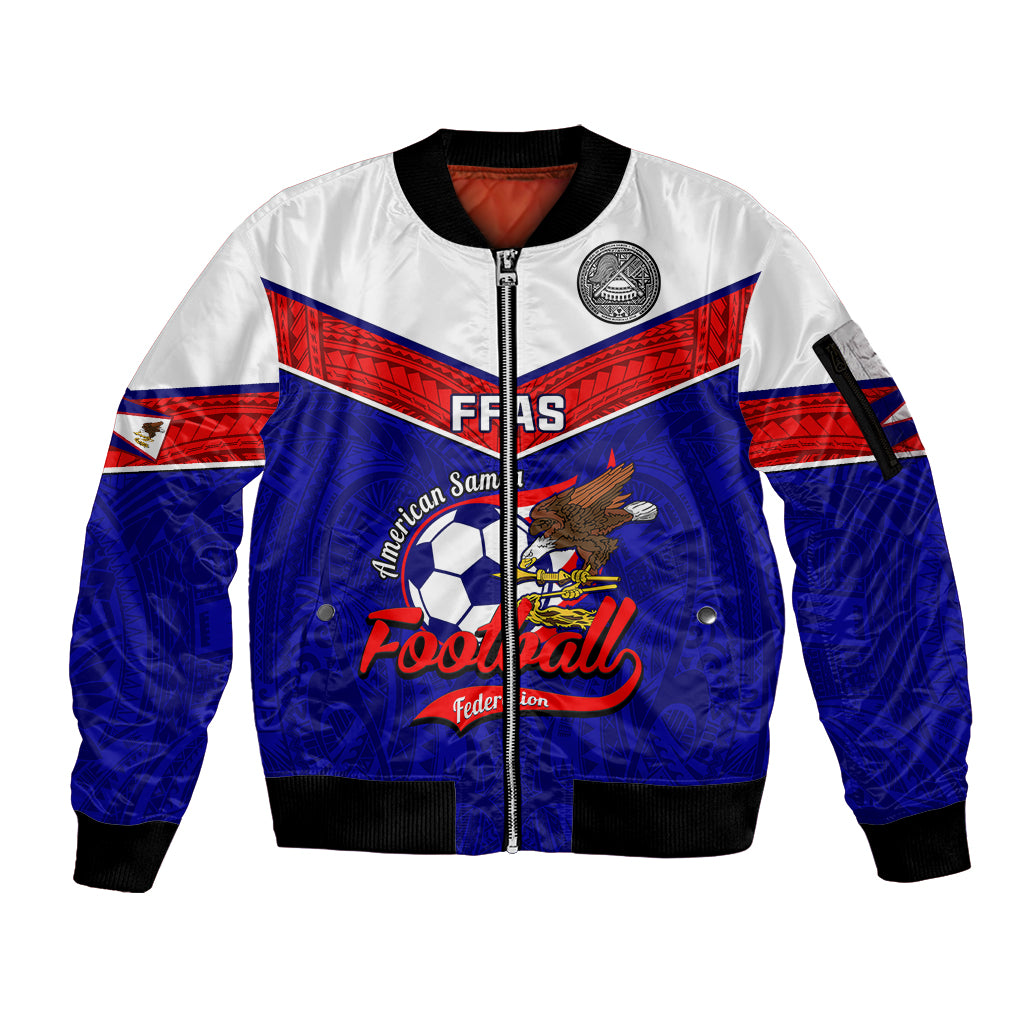 Personalised American Samoa Football Sleeve Zip Bomber Jacket Polynesian Sporty Style LT14 Unisex Blue - Polynesian Pride