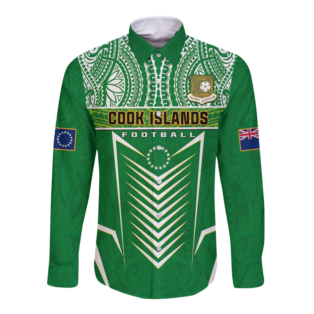 Personalised Cook Islands Football Long Sleeve Button Shirt Go Kuki Airani Polynesian Sporty Style LT14 Unisex Green - Polynesian Pride
