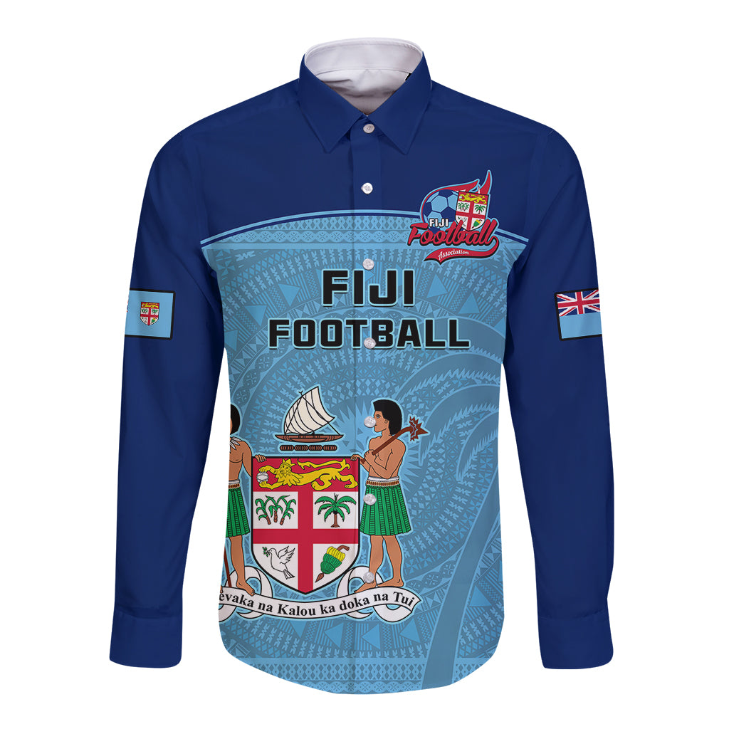 Fiji Football Long Sleeve Button Shirt Fijian Tapa Pattern Sporty Style LT14 Unisex Blue - Polynesian Pride