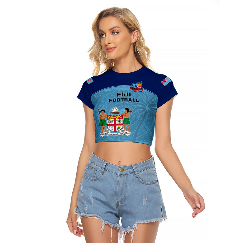 Personalised Fiji Football Raglan Cropped T Shirt Fijian Tapa Pattern Sporty Style LT14 Female Blue - Polynesian Pride