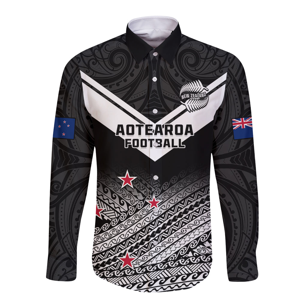 Aotearoa Football Long Sleeve Button Shirt Go New Zealand Maori Fern Pattern LT14 Unisex Black - Polynesian Pride