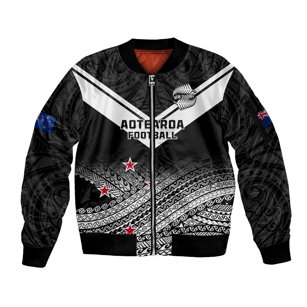 Aotearoa Football Sleeve Zip Bomber Jacket Go New Zealand Maori Fern Pattern LT14 Unisex Black - Polynesian Pride