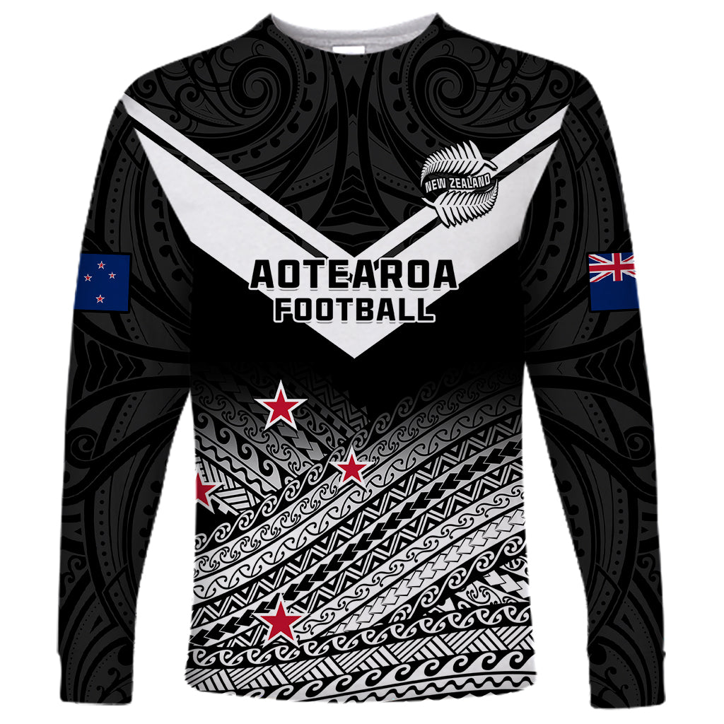 Personalised Aotearoa Football Long Sleeve Shirt Go New Zealand Maori Fern Pattern LT14 Unisex Black - Polynesian Pride