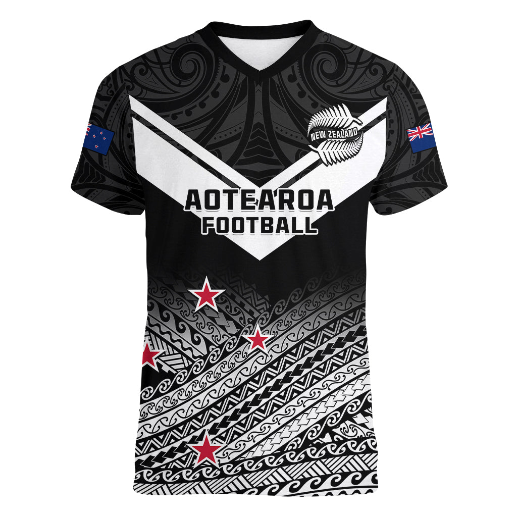 Personalised Aotearoa Football Women V Neck T Shirt Go New Zealand Maori Fern Pattern LT14 Female Black - Polynesian Pride