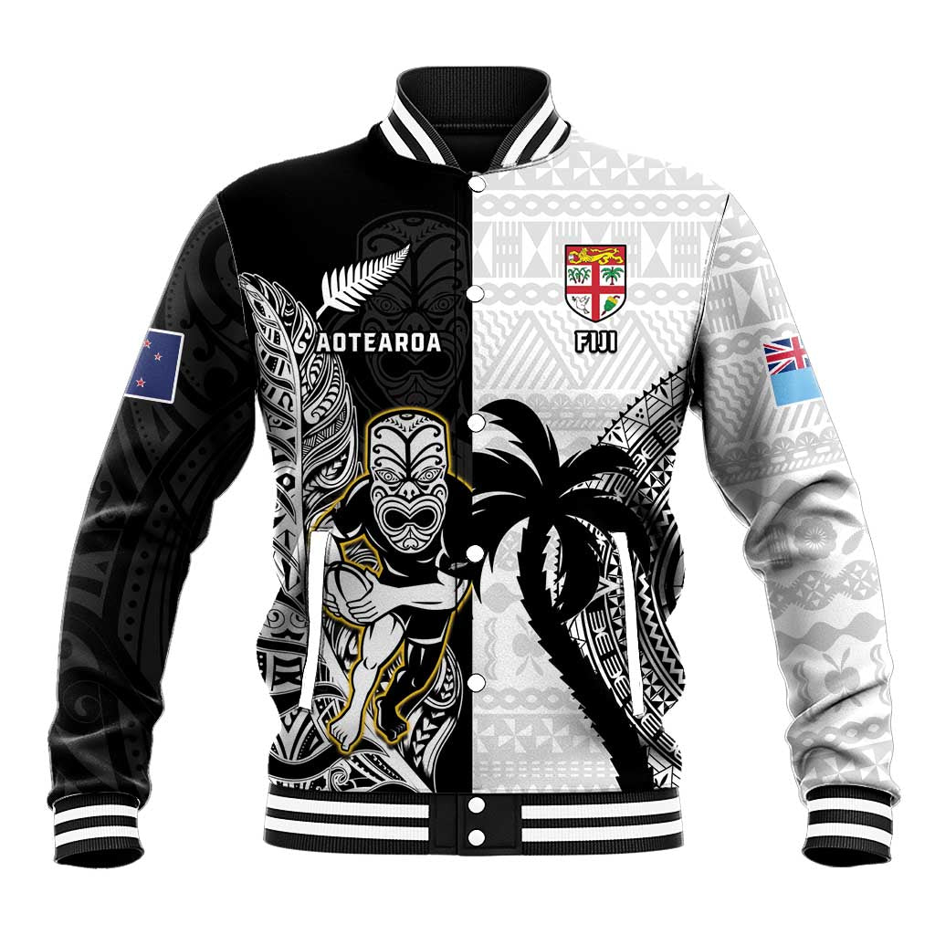 Custom Fiji And New Zealand Rugby Baseball Jacket Aotearoa Silver Fern Mix Fijian Tapa Pattern