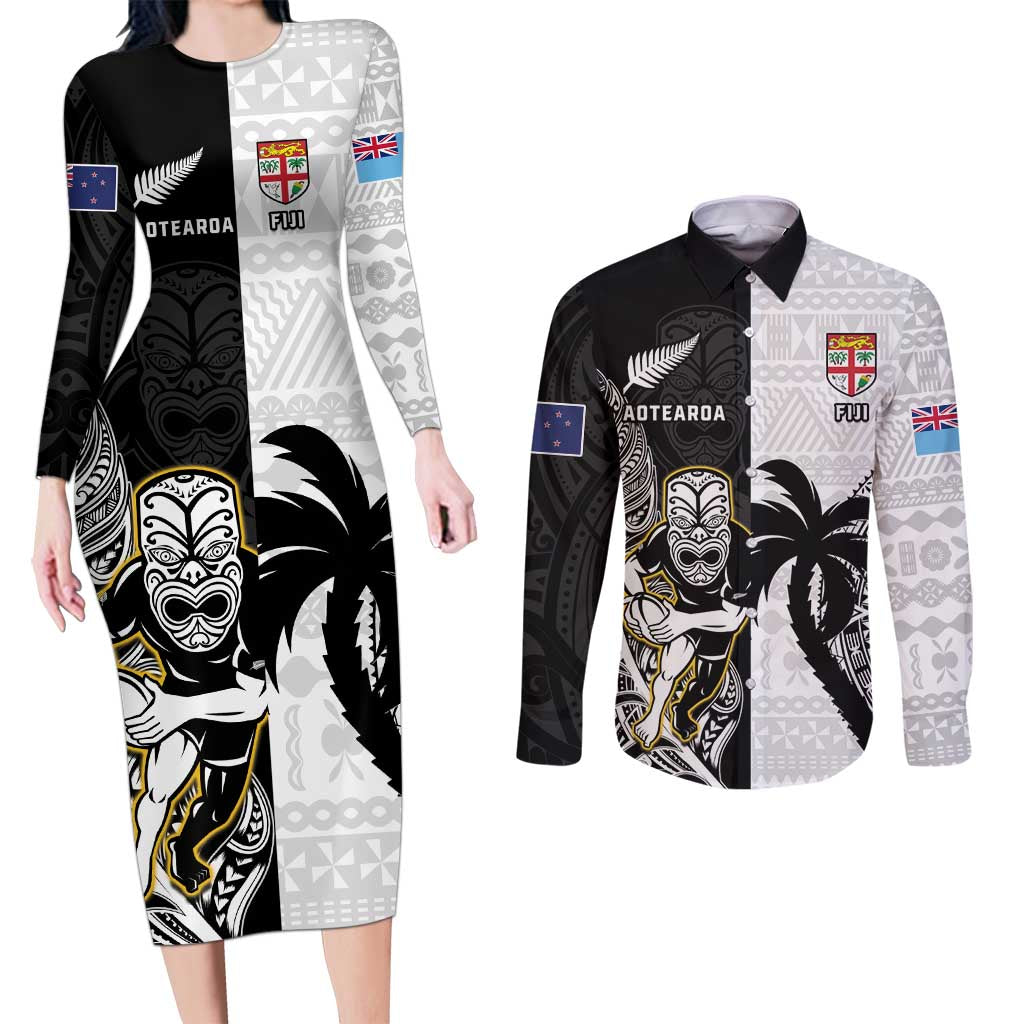 Custom Fiji And New Zealand Rugby Couples Matching Long Sleeve Bodycon Dress and Long Sleeve Button Shirt Aotearoa Silver Fern Mix Fijian Tapa Pattern