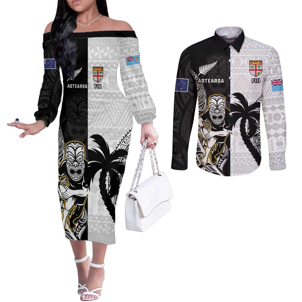 Custom Fiji And New Zealand Rugby Couples Matching Off The Shoulder Long Sleeve Dress and Long Sleeve Button Shirt Aotearoa Silver Fern Mix Fijian Tapa Pattern