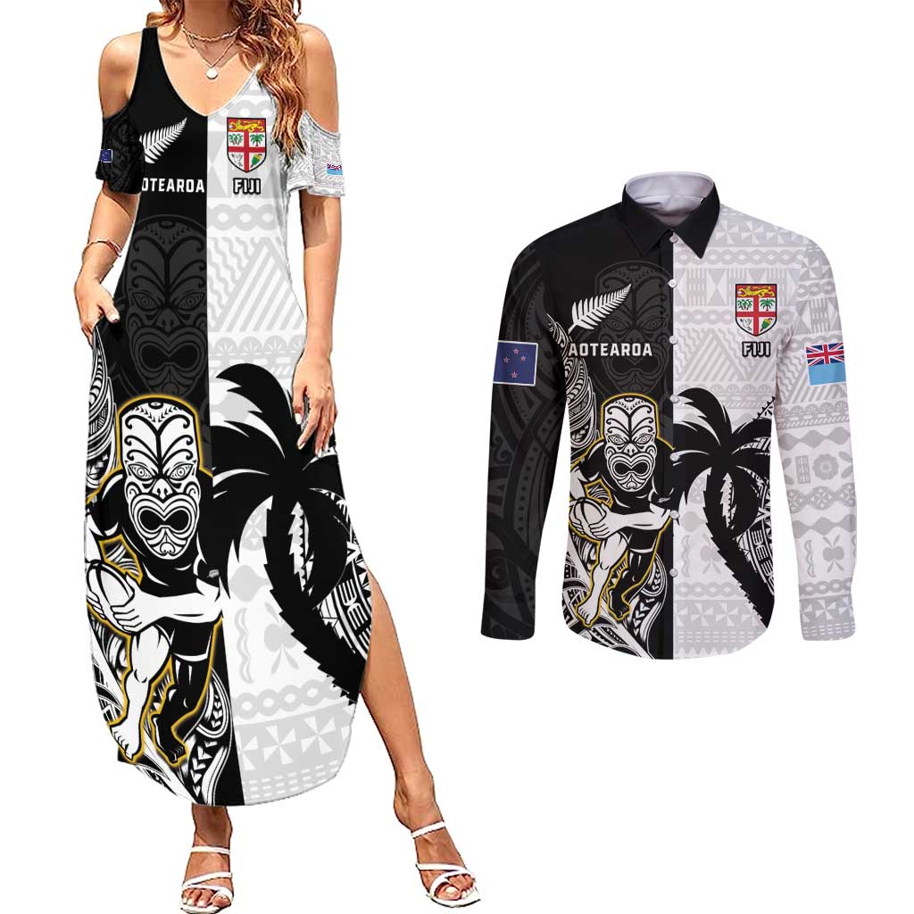 Custom Fiji And New Zealand Rugby Couples Matching Summer Maxi Dress and Long Sleeve Button Shirt Aotearoa Silver Fern Mix Fijian Tapa Pattern