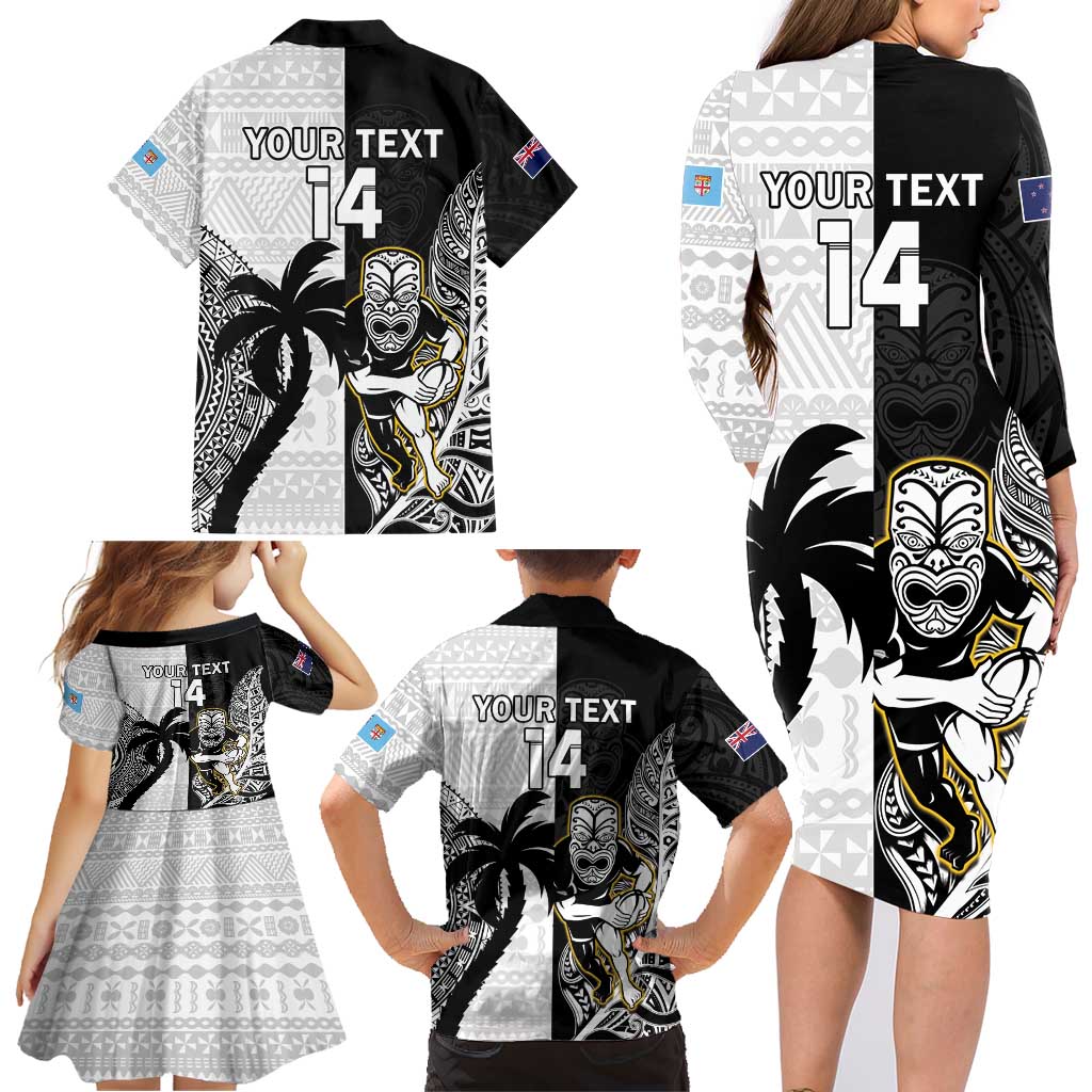Custom Fiji And New Zealand Rugby Family Matching Long Sleeve Bodycon Dress and Hawaiian Shirt Aotearoa Silver Fern Mix Fijian Tapa Pattern