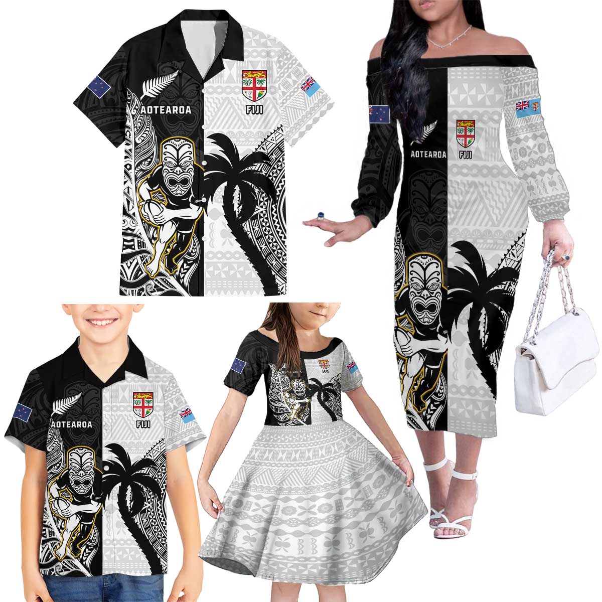 Custom Fiji And New Zealand Rugby Family Matching Off The Shoulder Long Sleeve Dress and Hawaiian Shirt Aotearoa Silver Fern Mix Fijian Tapa Pattern