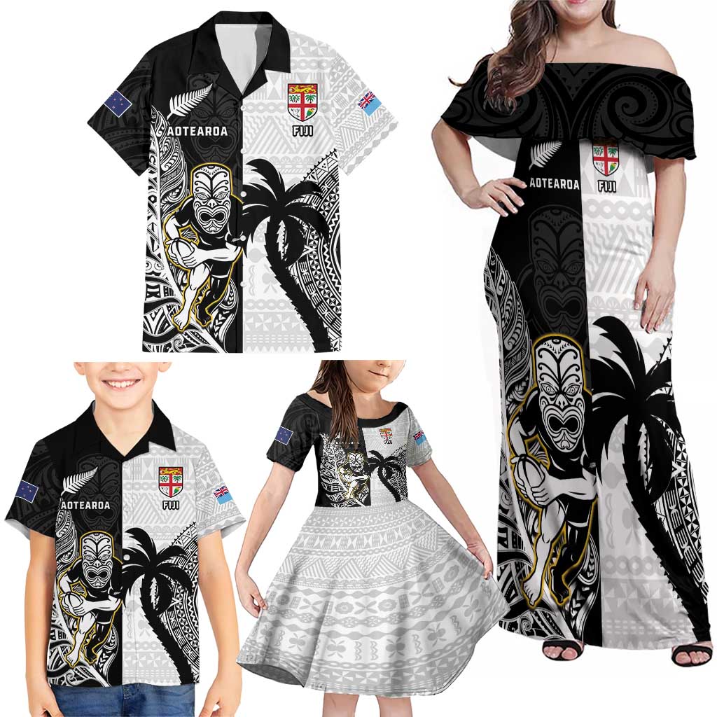 Custom Fiji And New Zealand Rugby Family Matching Off Shoulder Maxi Dress and Hawaiian Shirt Aotearoa Silver Fern Mix Fijian Tapa Pattern