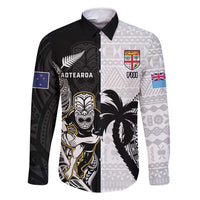 Custom Fiji And New Zealand Rugby Family Matching Off Shoulder Short Dress and Hawaiian Shirt Aotearoa Silver Fern Mix Fijian Tapa Pattern