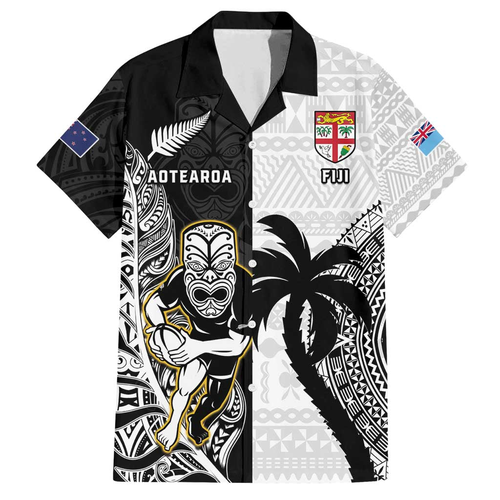 Custom Fiji And New Zealand Rugby Family Matching Tank Maxi Dress and Hawaiian Shirt Aotearoa Silver Fern Mix Fijian Tapa Pattern