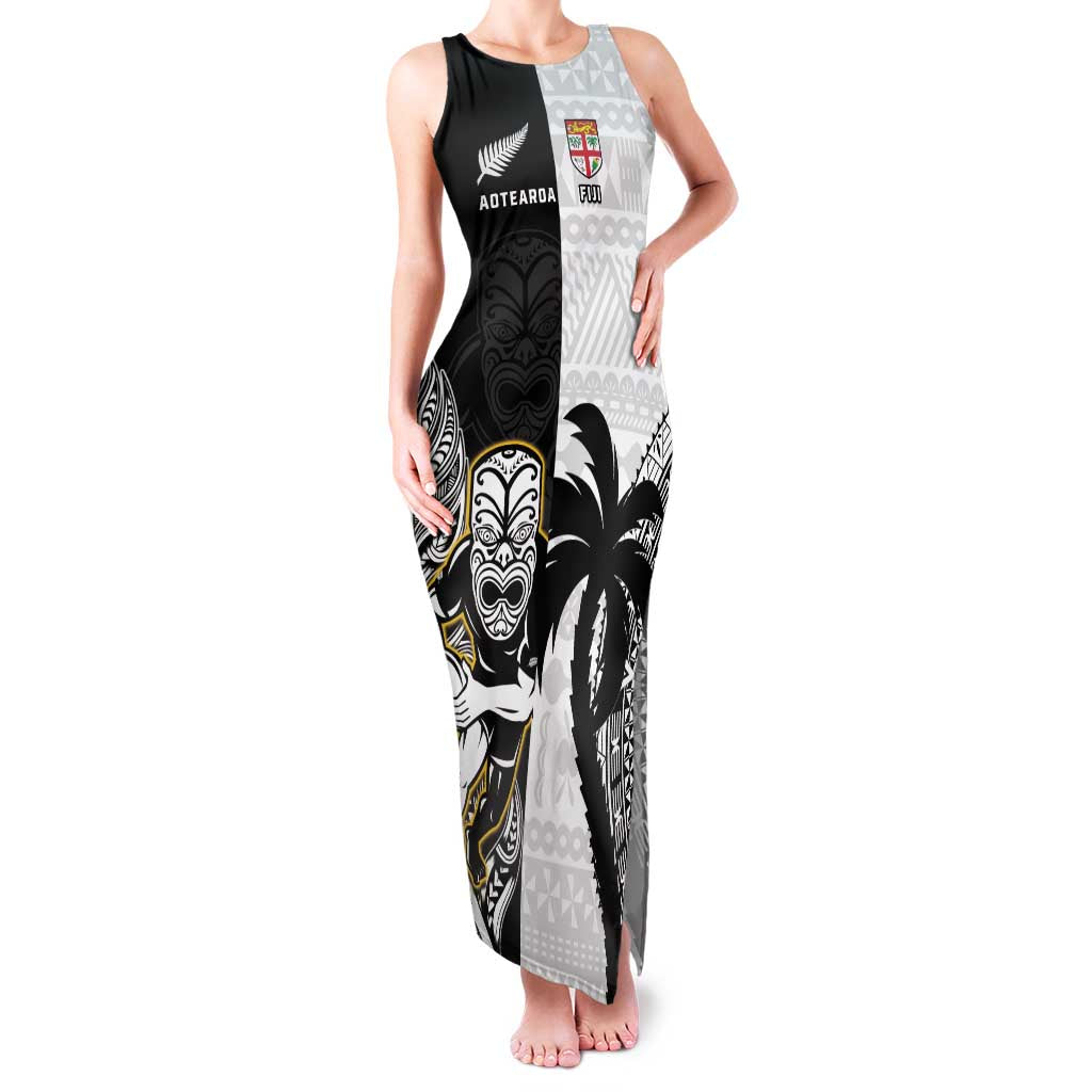 Custom Fiji And New Zealand Rugby Family Matching Tank Maxi Dress and Hawaiian Shirt Aotearoa Silver Fern Mix Fijian Tapa Pattern