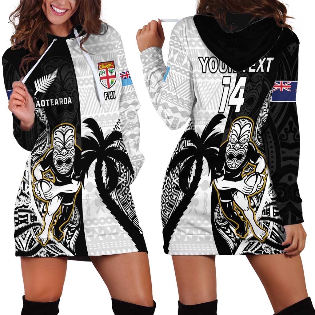 Custom Fiji And New Zealand Rugby Hoodie Dress Aotearoa Silver Fern Mix Fijian Tapa Pattern