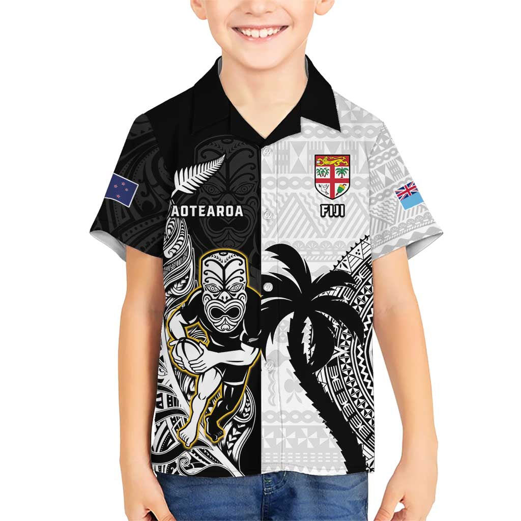 Custom Fiji And New Zealand Rugby Kid Hawaiian Shirt Aotearoa Silver Fern Mix Fijian Tapa Pattern