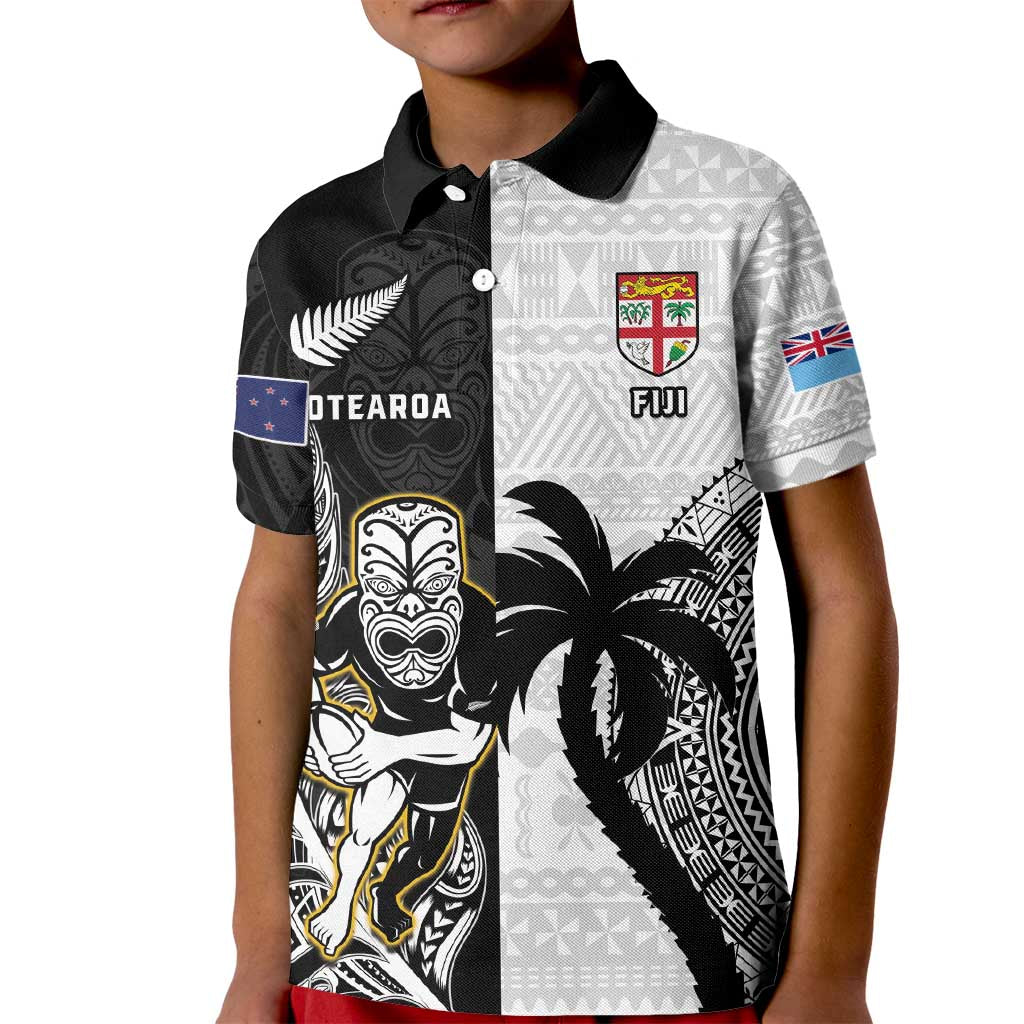 Custom Fiji And New Zealand Rugby Kid Polo Shirt Aotearoa Silver Fern Mix Fijian Tapa Pattern