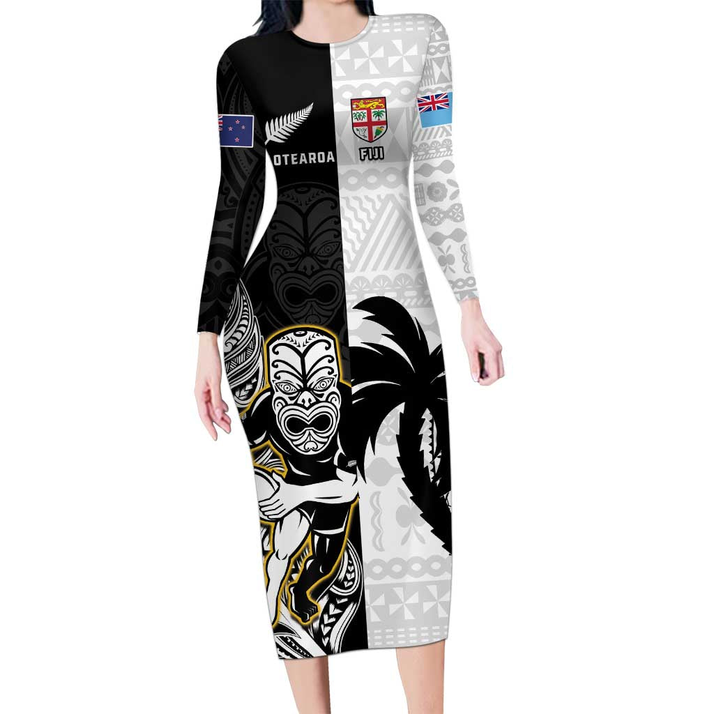 Custom Fiji And New Zealand Rugby Long Sleeve Bodycon Dress Aotearoa Silver Fern Mix Fijian Tapa Pattern
