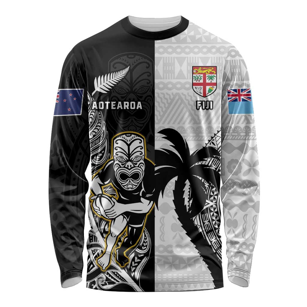 Custom Fiji And New Zealand Rugby Long Sleeve Shirt Aotearoa Silver Fern Mix Fijian Tapa Pattern