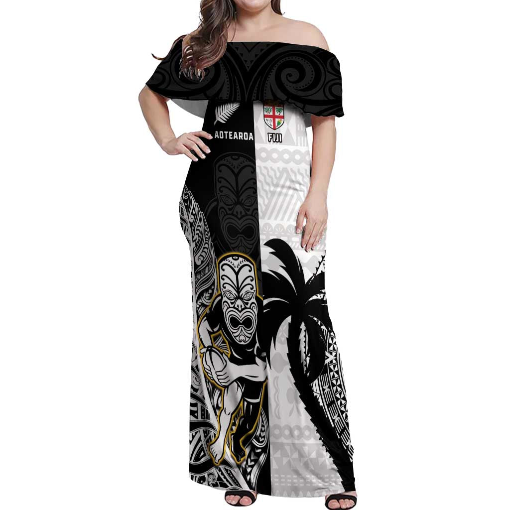 Custom Fiji And New Zealand Rugby Off Shoulder Maxi Dress Aotearoa Silver Fern Mix Fijian Tapa Pattern