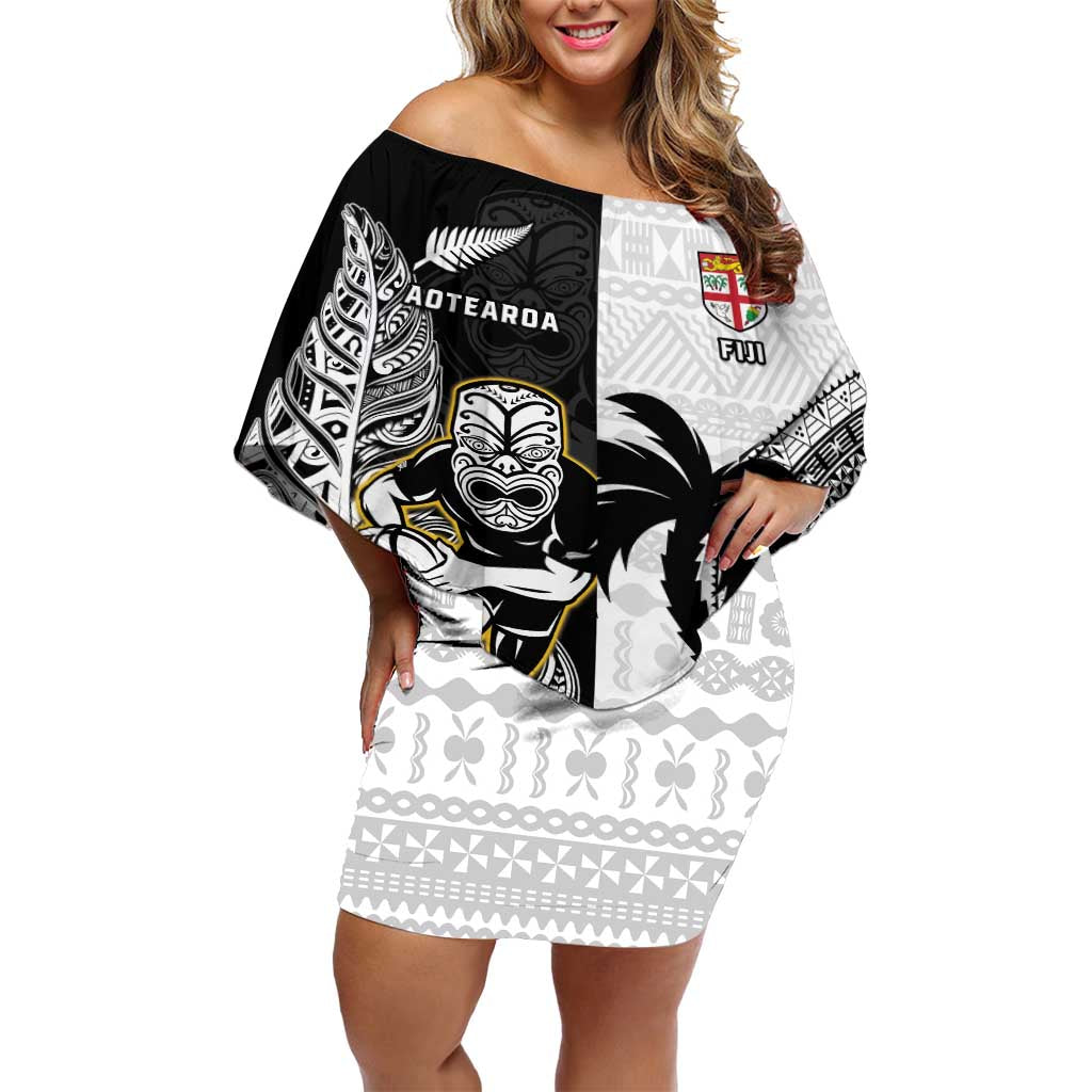 Custom Fiji And New Zealand Rugby Off Shoulder Short Dress Aotearoa Silver Fern Mix Fijian Tapa Pattern