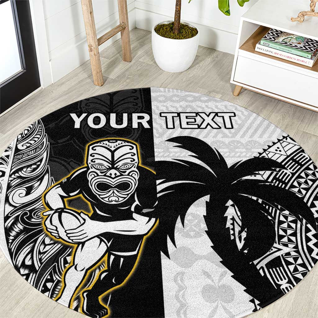 Custom Fiji And New Zealand Rugby Round Carpet Aotearoa Silver Fern Mix Fijian Tapa Pattern