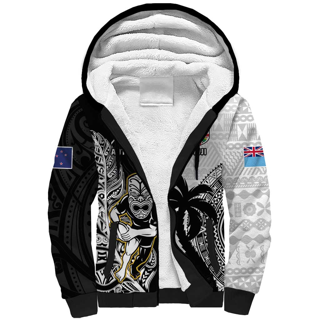 Custom Fiji And New Zealand Rugby Sherpa Hoodie Aotearoa Silver Fern Mix Fijian Tapa Pattern