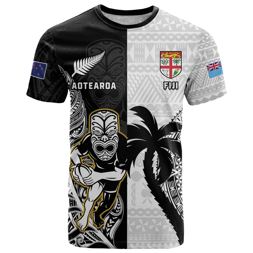 Custom Fiji And New Zealand Rugby T Shirt Aotearoa Silver Fern Mix Fijian Tapa Pattern