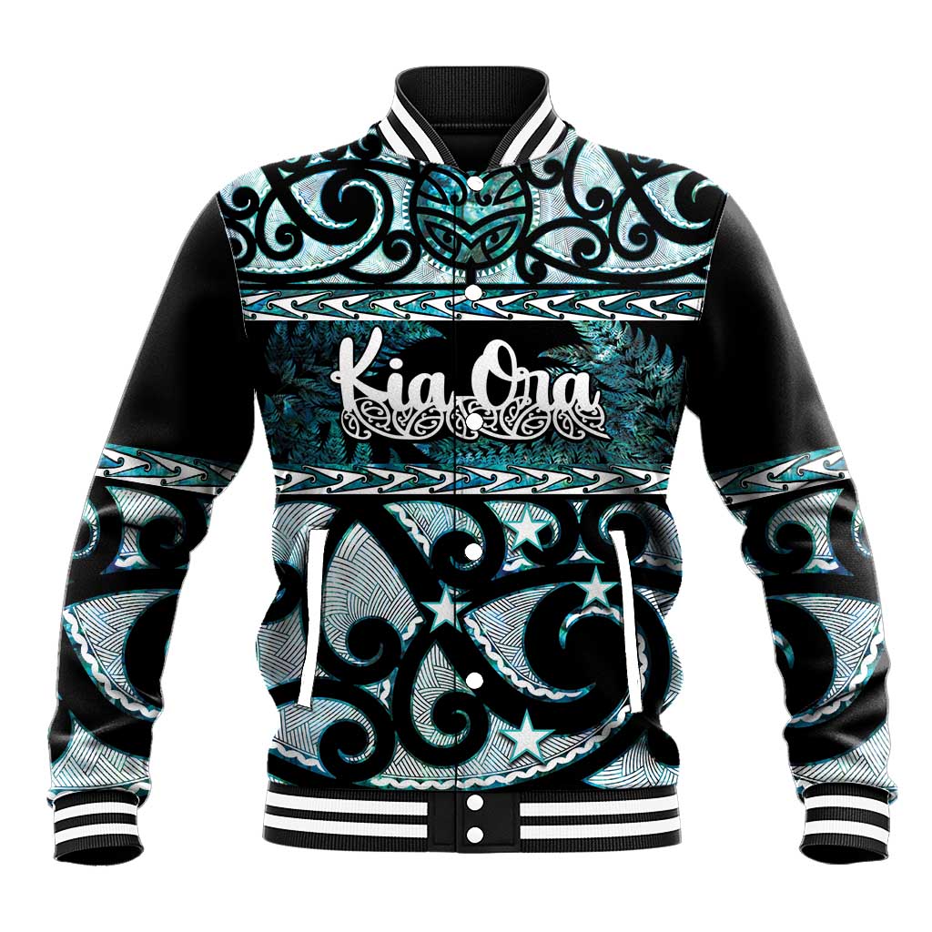 Kia Ora New Zealand Baseball Jacket Aotearoa Proud Maori Paua Shell Silver Fern LT14 Unisex Black - Polynesian Pride