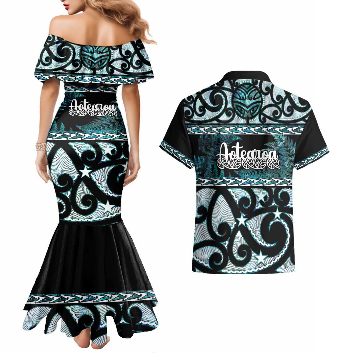Kia Ora New Zealand Couples Matching Mermaid Dress and Hawaiian Shirt Aotearoa Proud Maori Paua Shell Silver Fern - Polynesian Pride