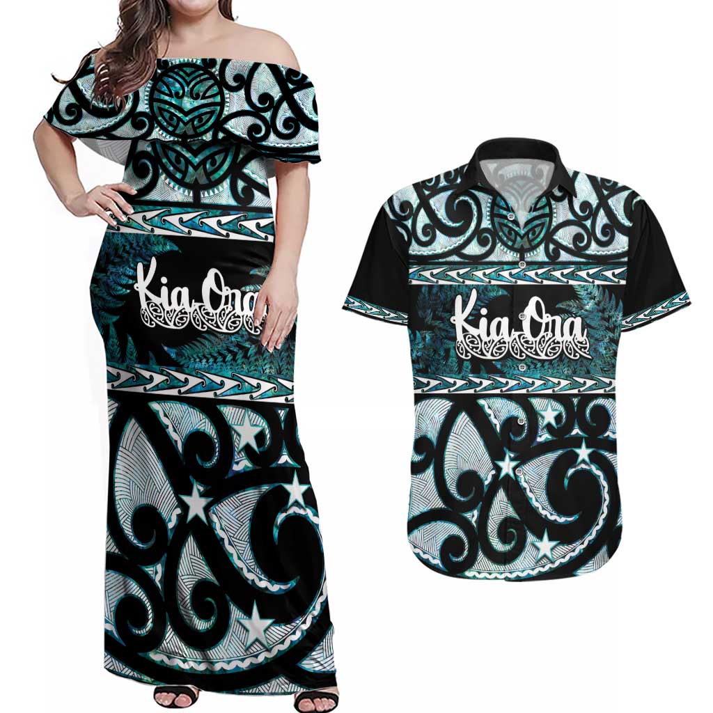 Kia Ora New Zealand Couples Matching Off Shoulder Maxi Dress and Hawaiian Shirt Aotearoa Proud Maori Paua Shell Silver Fern LT14 Black - Polynesian Pride