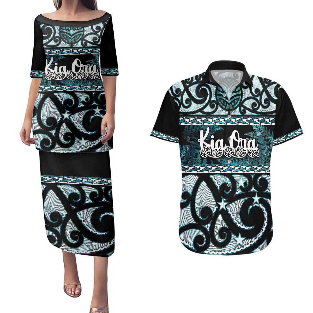 Kia Ora New Zealand Couples Matching Puletasi and Hawaiian Shirt Aotearoa Proud Maori Paua Shell Silver Fern - Polynesian Pride