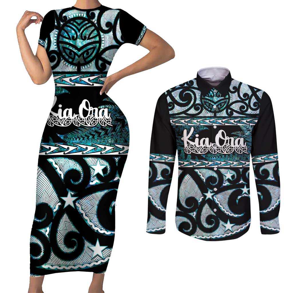 Kia Ora New Zealand Couples Matching Short Sleeve Bodycon Dress and Long Sleeve Button Shirt Aotearoa Proud Maori Paua Shell Silver Fern LT14 Black - Polynesian Pride